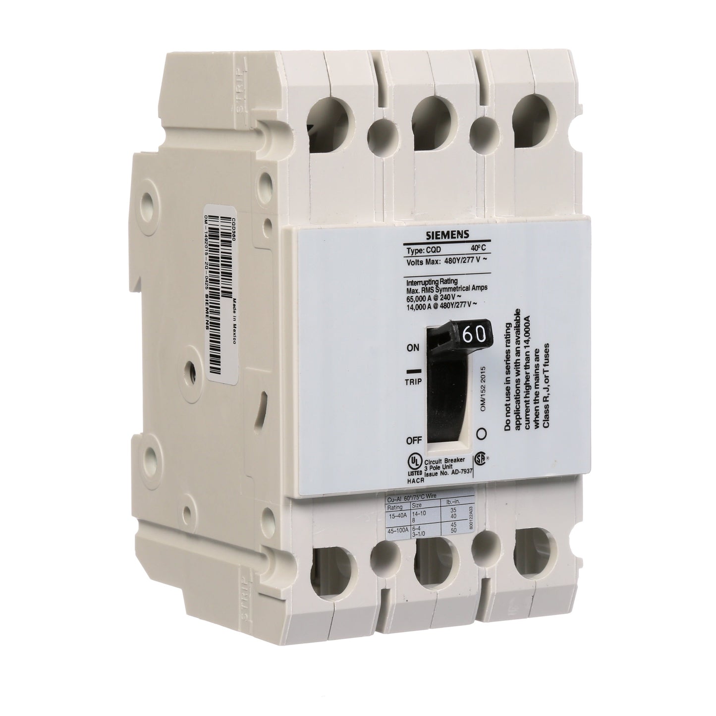 Siemens CQD360 Circuit Breaker | 480V 60A 3P 14kA@480V Feed-Thru CQD Series