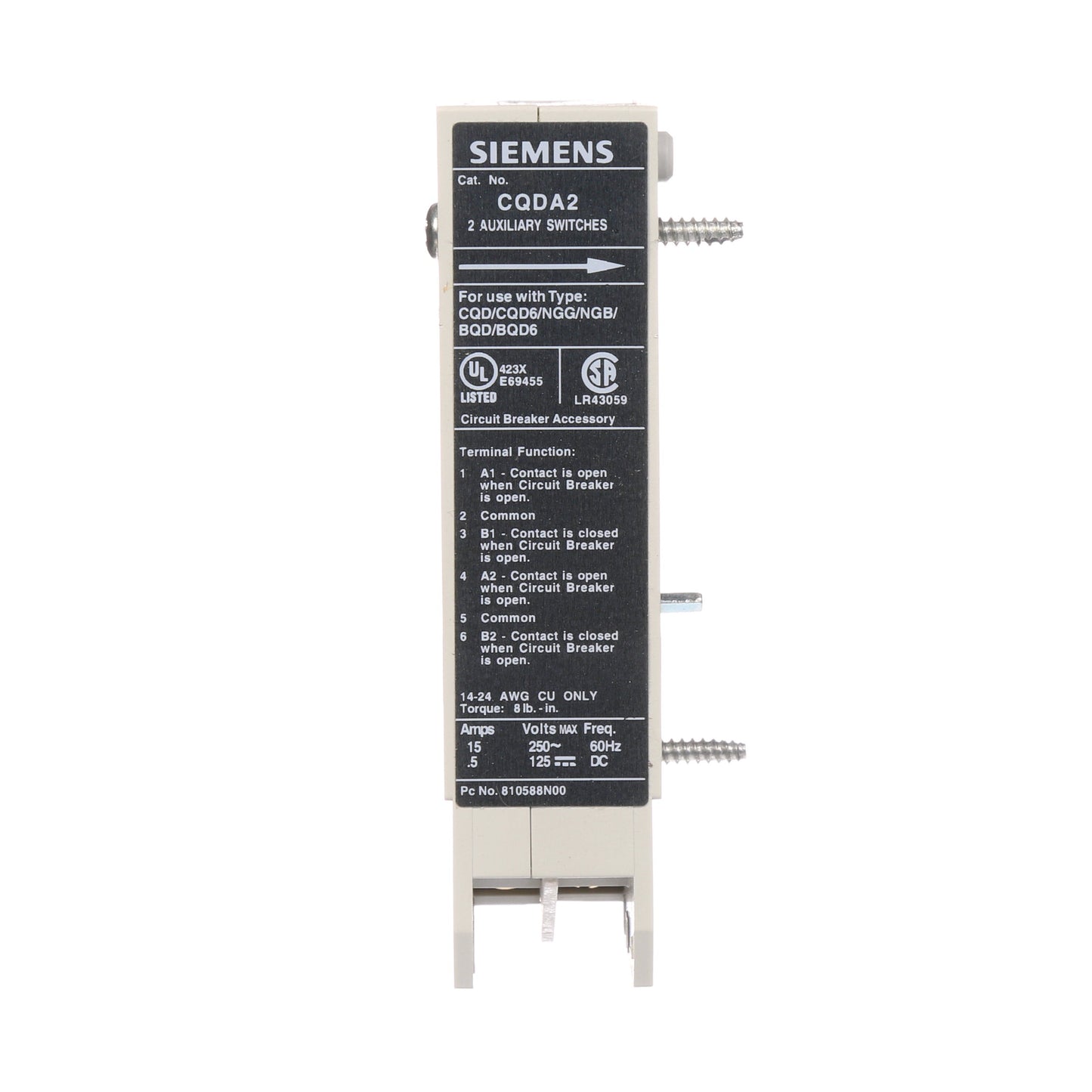 Siemens CQDA2 Circuit Breaker Auxiliary 2A/2B Sentron Series