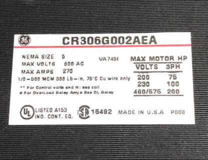 CR306G002AEA GE Size 5 Magnetic Starter, 270A, 600V - NEMA Non-Reversing Starter