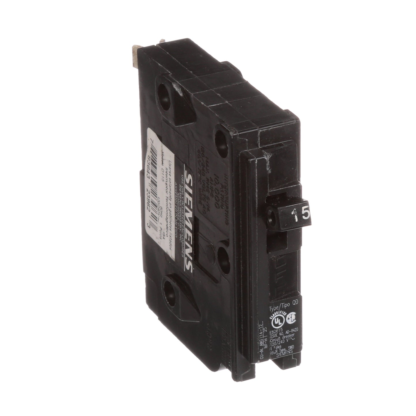 Siemens D115 Circuit Breaker | 240V 15A 1P 10kA Plug-In QD Series