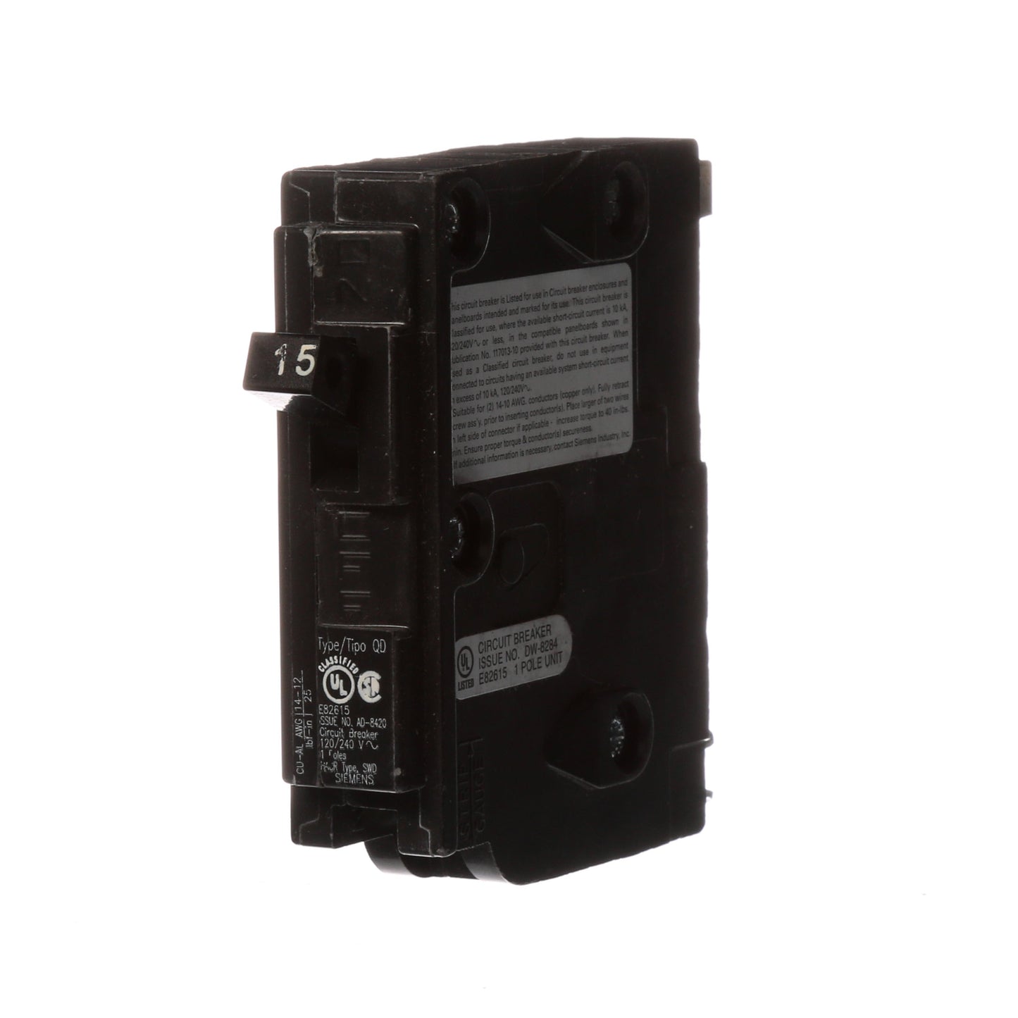 Siemens D115 Circuit Breaker | 240V 15A 1P 10kA Plug-In QD Series