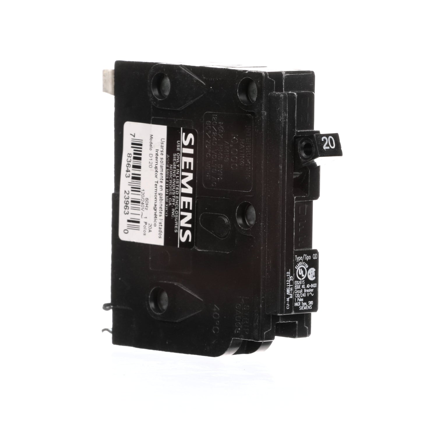 Siemens D120 Circuit Breaker | 240V 20A 1P 10kA Plug-In QD Series