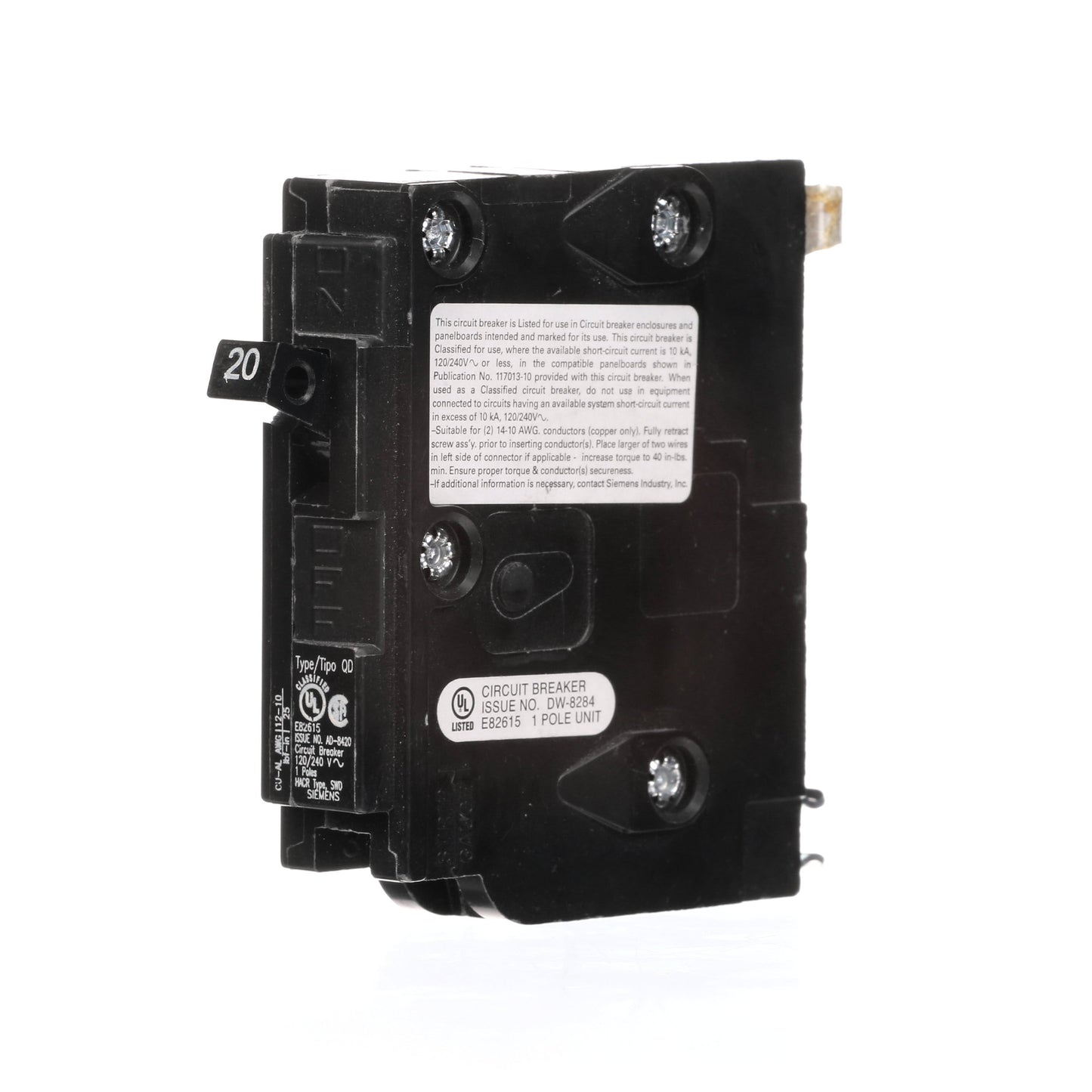 Siemens D120 Circuit Breaker | 240V 20A 1P 10kA Plug-In QD Series