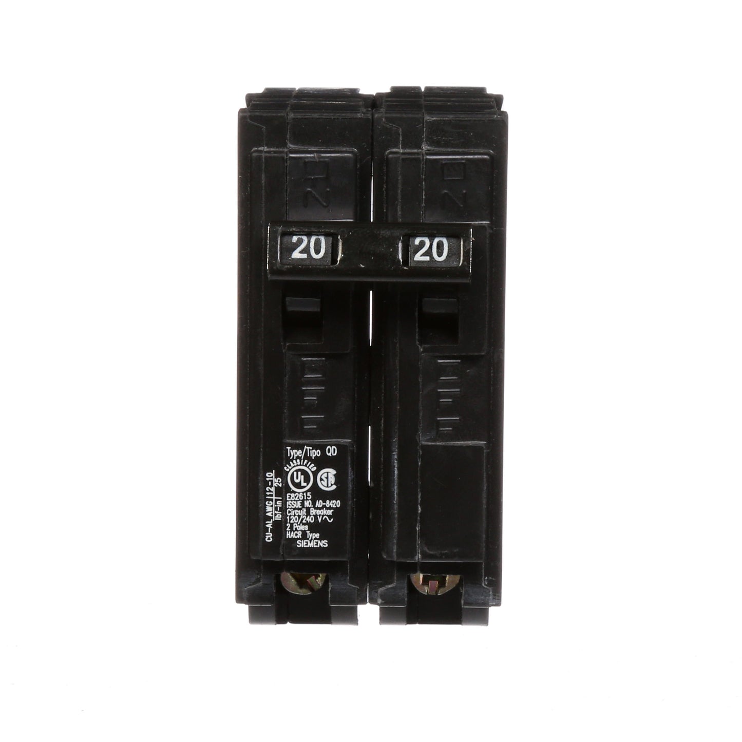 Siemens D220 Circuit Breaker | 240V 20A 2P 10kA Plug-In QD Series