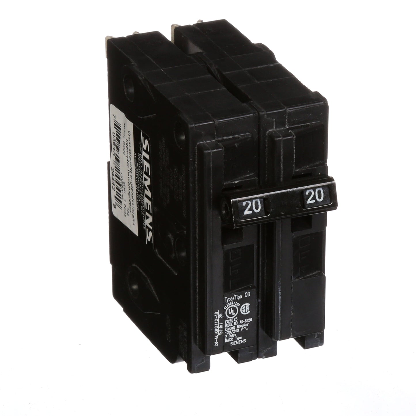 Siemens D220 Circuit Breaker | 240V 20A 2P 10kA Plug-In QD Series