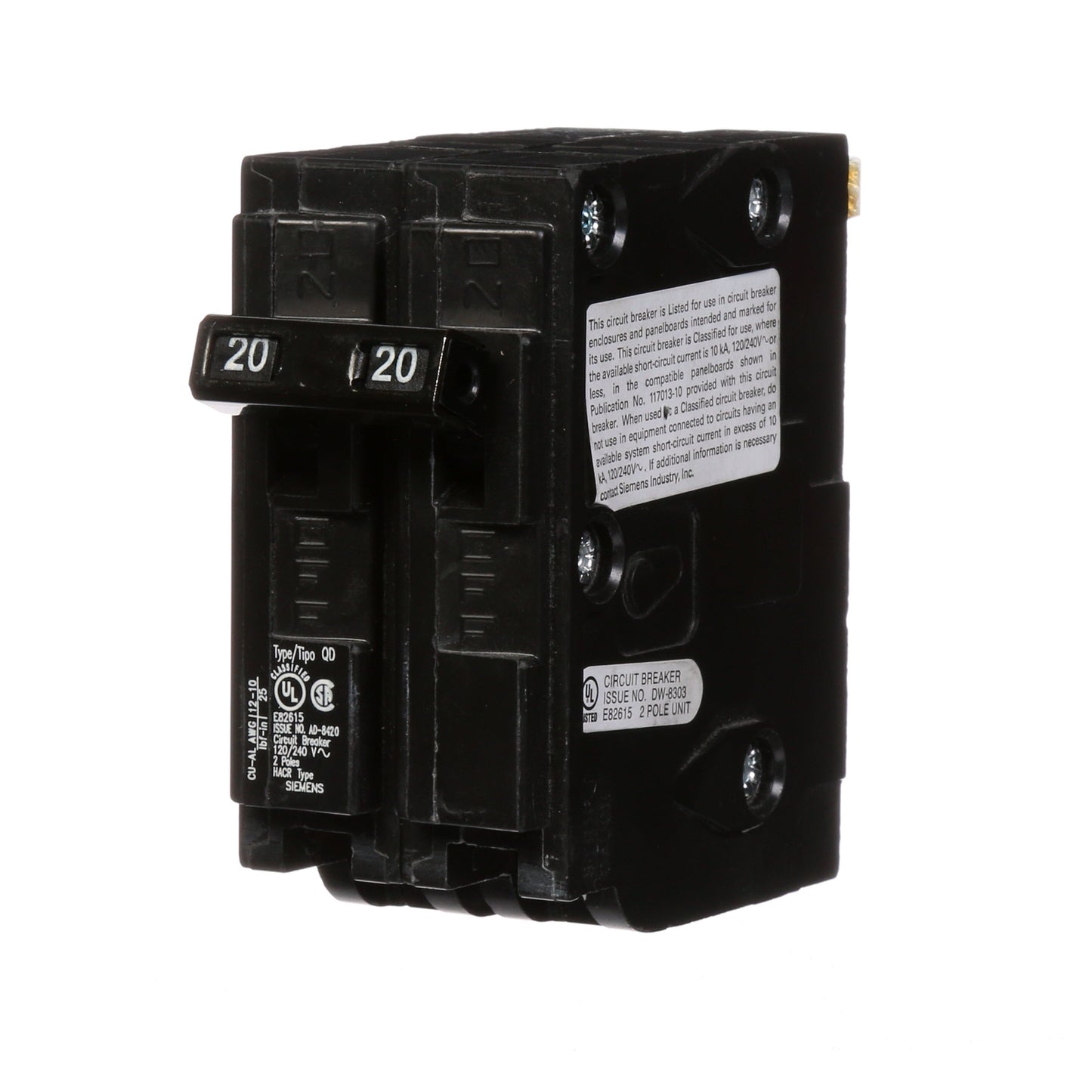 Siemens D220 Circuit Breaker | 240V 20A 2P 10kA Plug-In QD Series