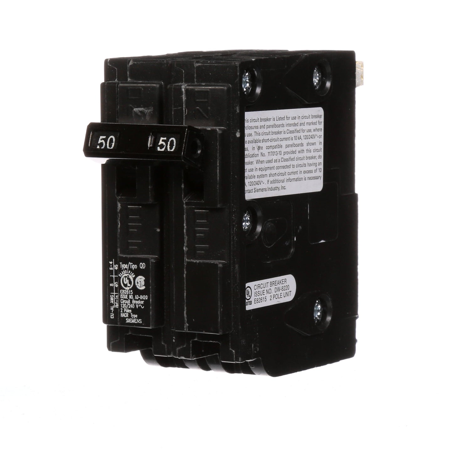Siemens D250 Circuit Breaker | 240V 50A 2P 10kA Plug-In QD Series
