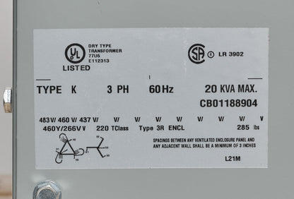 Hammond Power Solutions DM020JJ Transformer | 20kVA 3 Phase 460D-460Y/266V