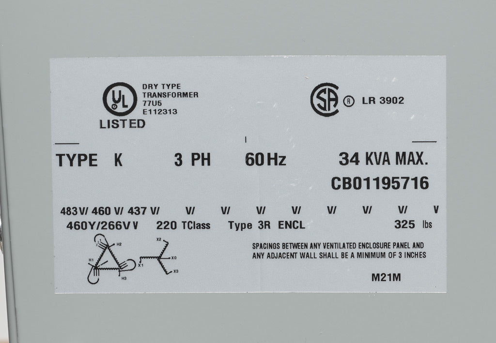 Hammond Power Solutions DM034JJ Transformer 34kVA 460V Delta-Wye