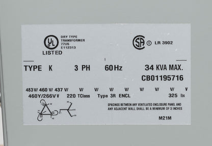 Hammond Power Solutions DM034JJ Transformer 34kVA 460V Delta-Wye
