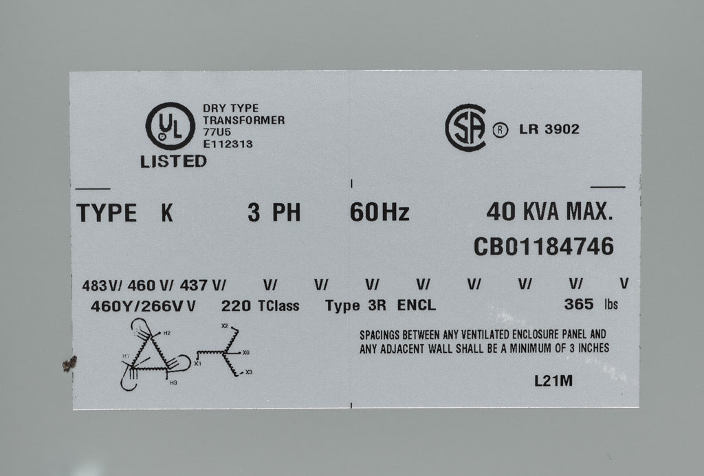 Hammond Power Solutions DM040JJ Transformer 3-Phase 40kVA 460D-460Y/266V