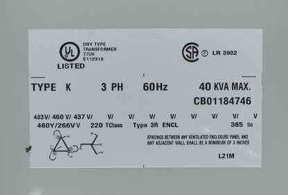 Hammond Power Solutions DM040JJ Transformer 3-Phase 40kVA 460D-460Y/266V