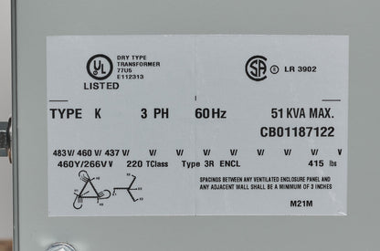 Hammond Power Solutions DM051JJ Transformer | 3-Phase 51 kVA 460D-460Y/266V