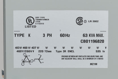 Hammond Power Solutions DM063JJ Transformer 3-Phase 63 kVA 460D-460Y/266V