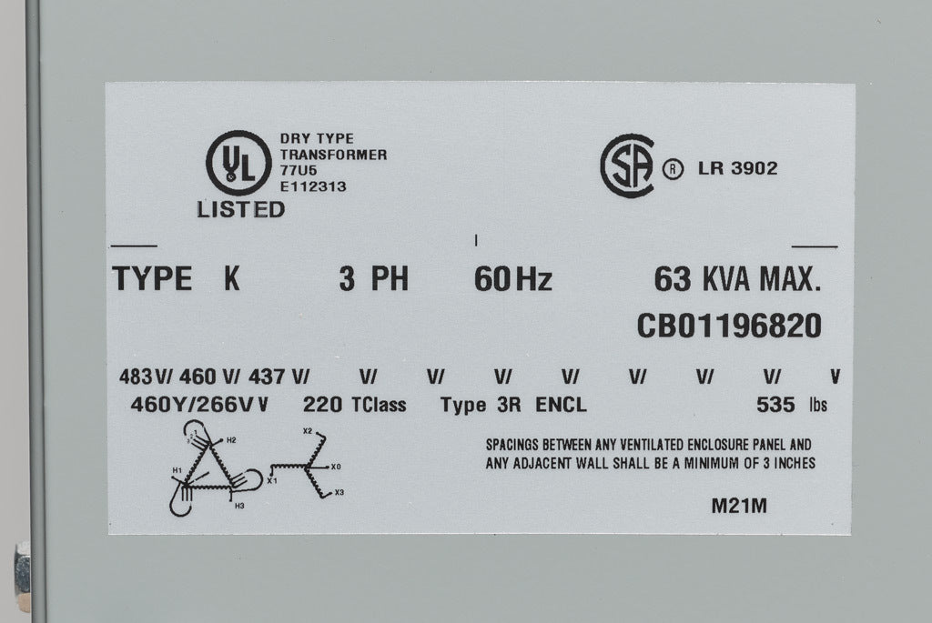 Hammond Power Solutions DM063JJ Transformer 3-Phase 63 kVA 460D-460Y/266V