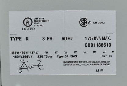 Hammond Power Solutions DM175JJ Transformer 175 kVA 3-Phase 460V Delta/Wye