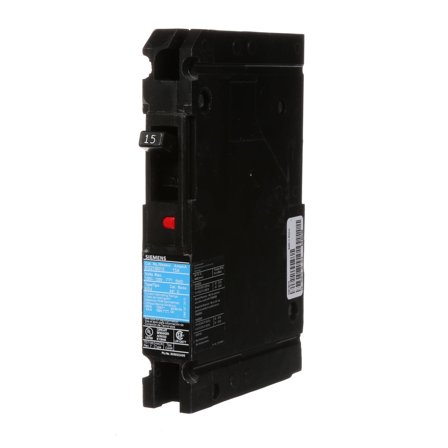 Siemens ED21B015 Circuit Breaker | 120V 15A 1P Bolt-On 10kA@120V Sentron Series