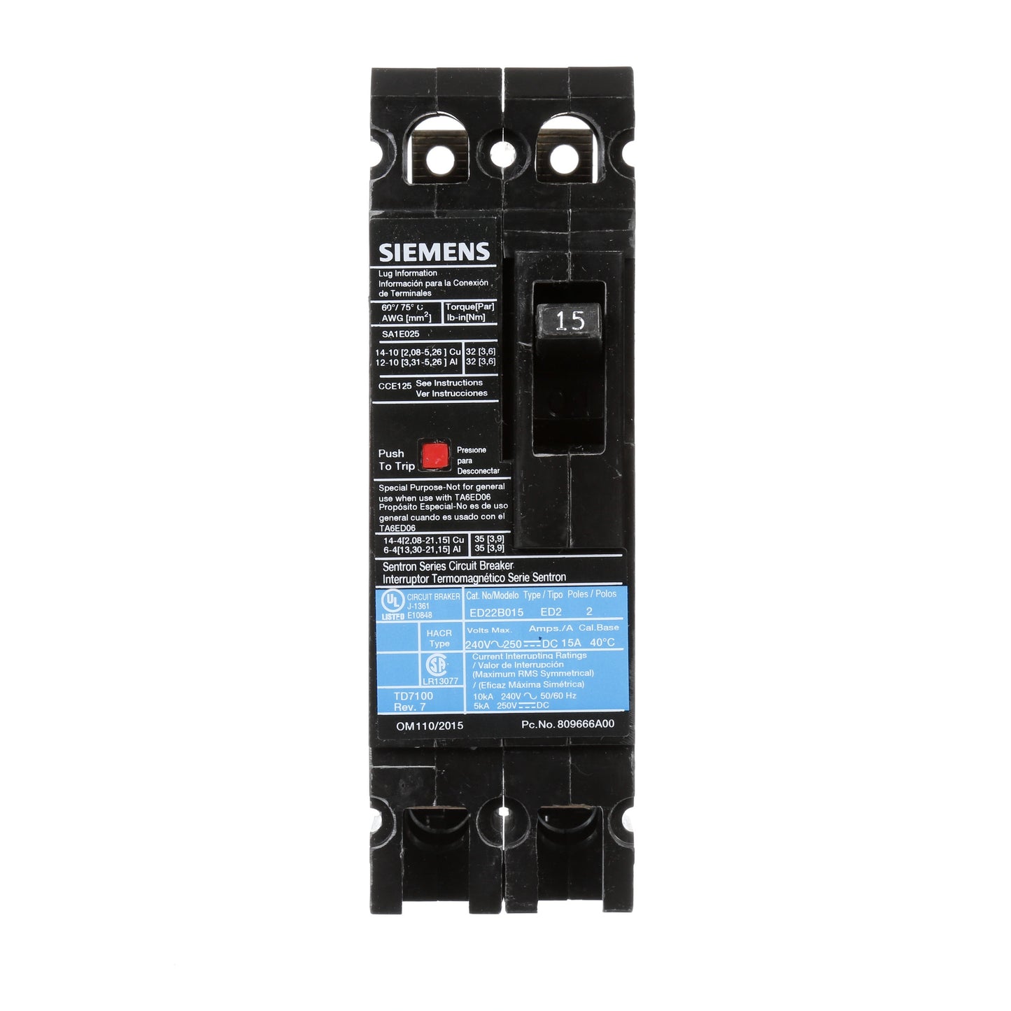 Siemens ED22B015 Circuit Breaker | 240V 15A 2P 10kA@240V Bolt-On Sentron Series