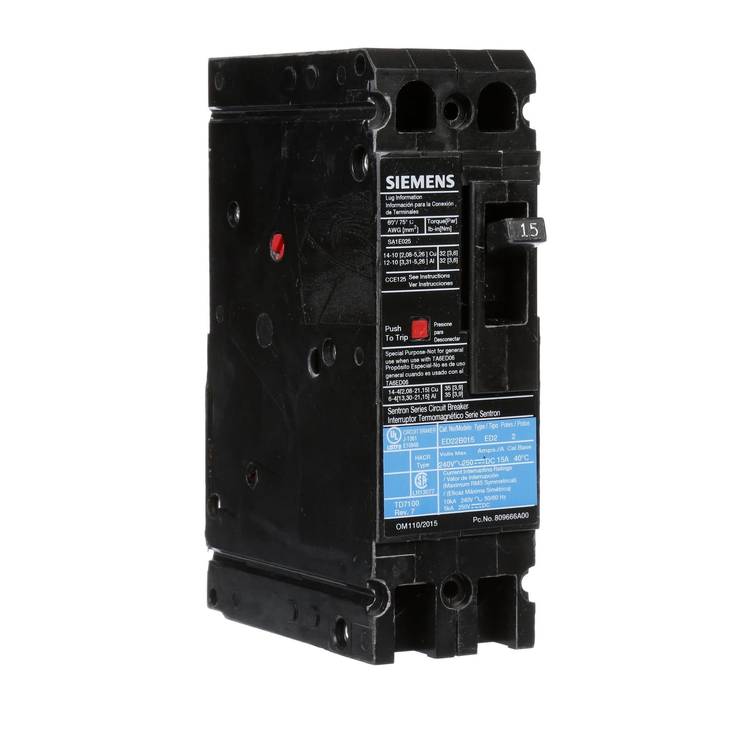 Siemens ED22B015 Circuit Breaker | 240V 15A 2P 10kA@240V Bolt-On Sentron Series