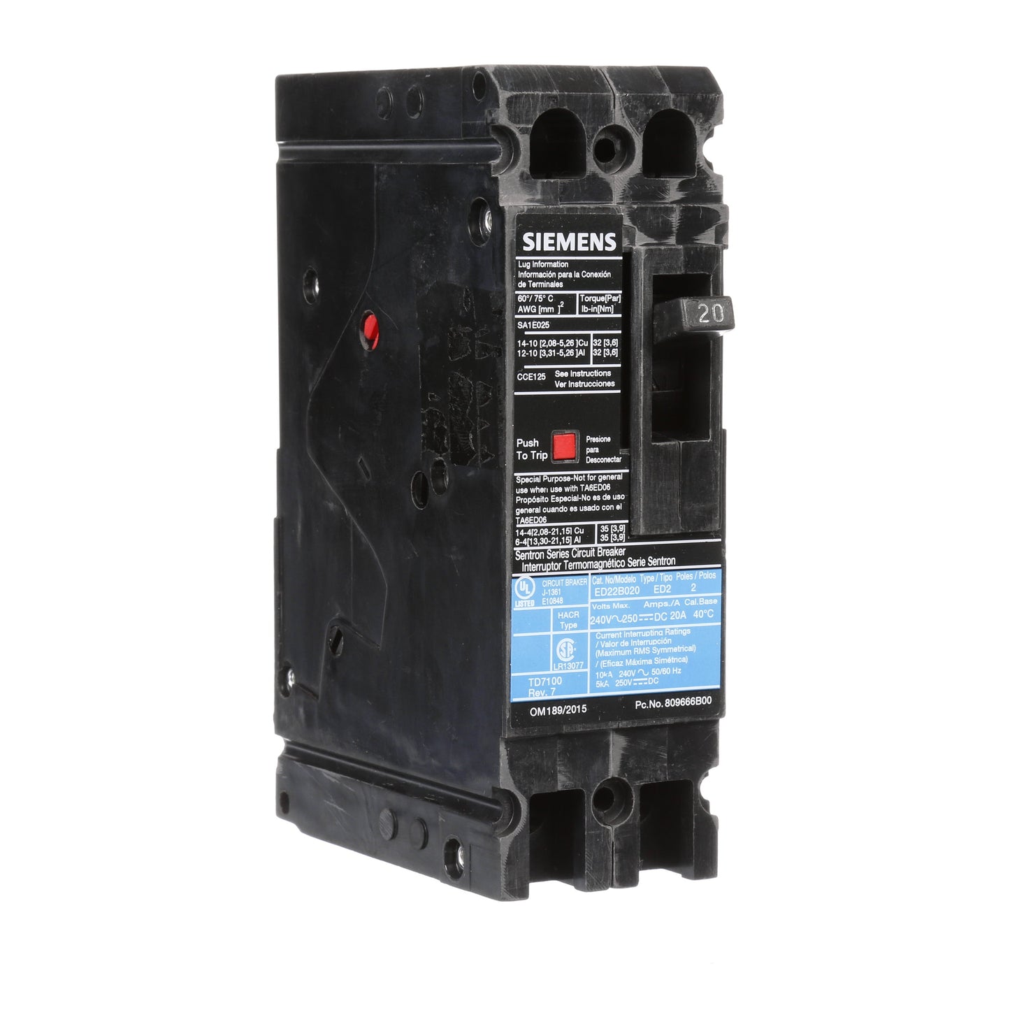 Siemens ED22B020 Circuit Breaker | 240V 20A 2P 10kA@240V Bolt-On Sentron Series