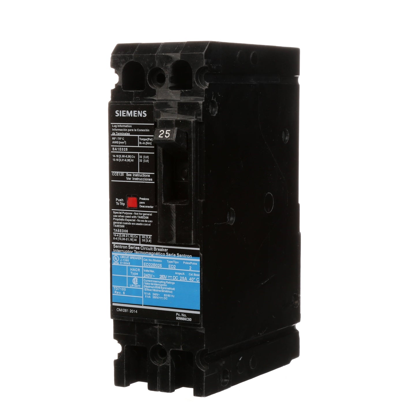 Siemens ED22B025 Circuit Breaker | 240V 25A 2P 10kA@240V Bolt-On Sentron Series