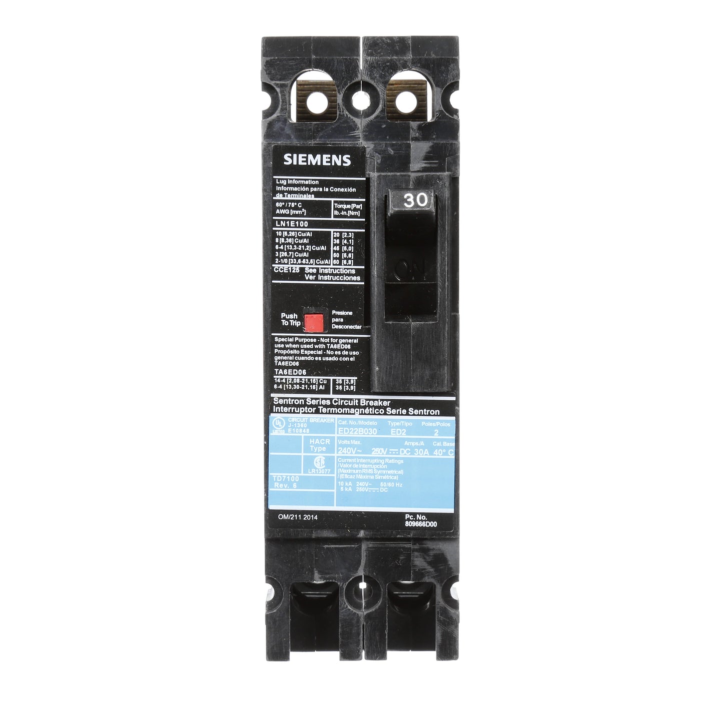 Siemens ED22B030 Circuit Breaker | 240V 30A 2P 10kA@240V Bolt-On Sentron Series