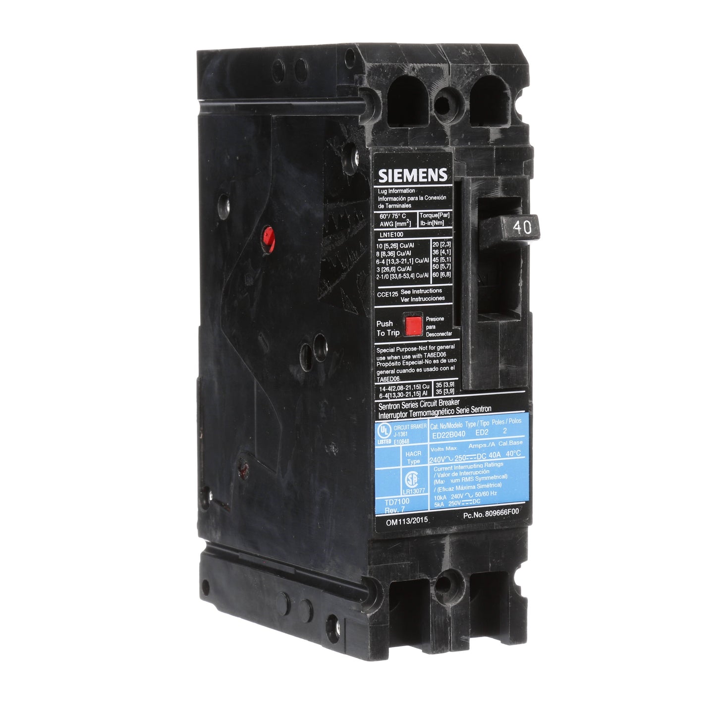 Siemens ED22B040 Circuit Breaker | 240V 40A 2P 10kA@240V Lug In Panelboard Sentron Series