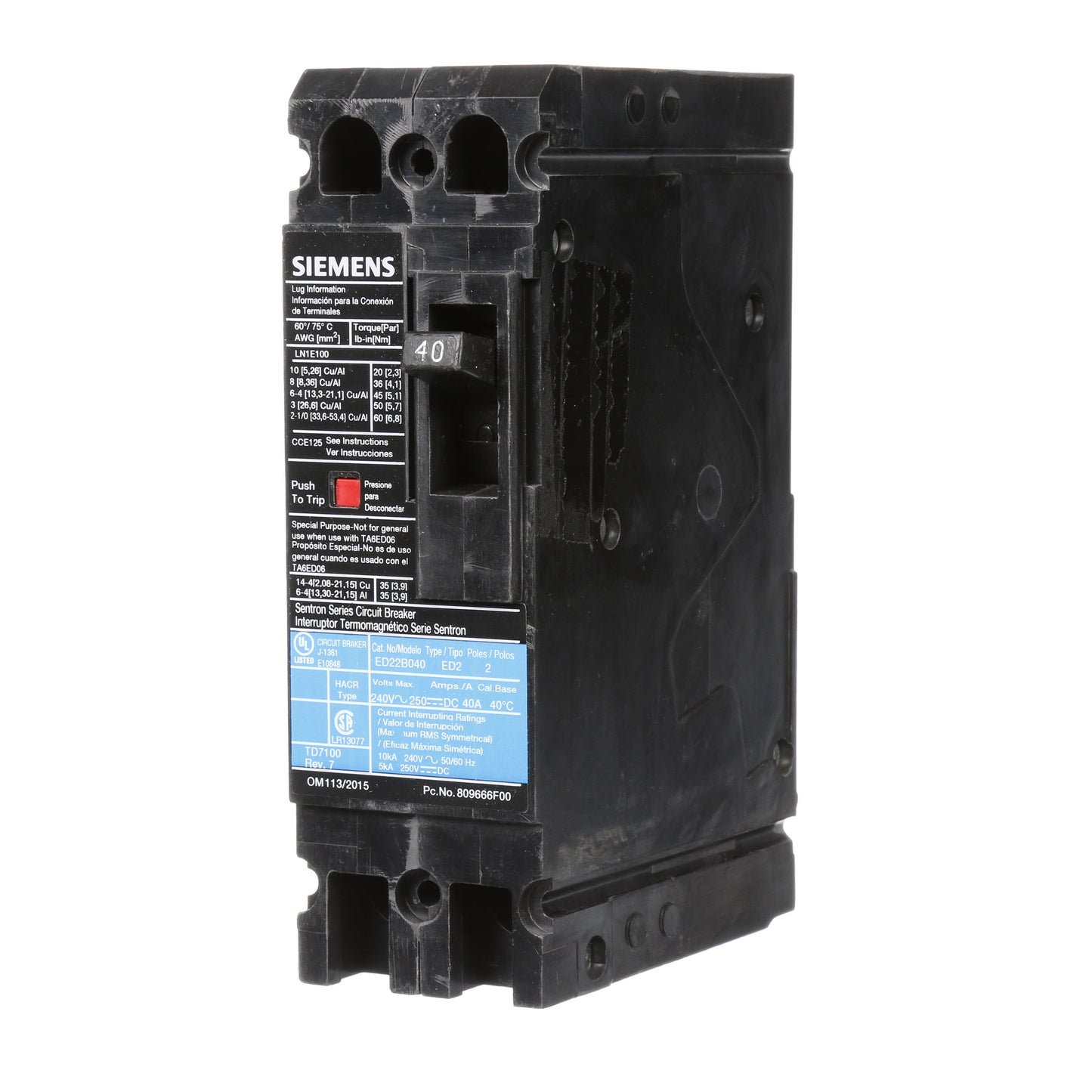Siemens ED22B040 Circuit Breaker | 240V 40A 2P 10kA@240V Lug In Panelboard Sentron Series