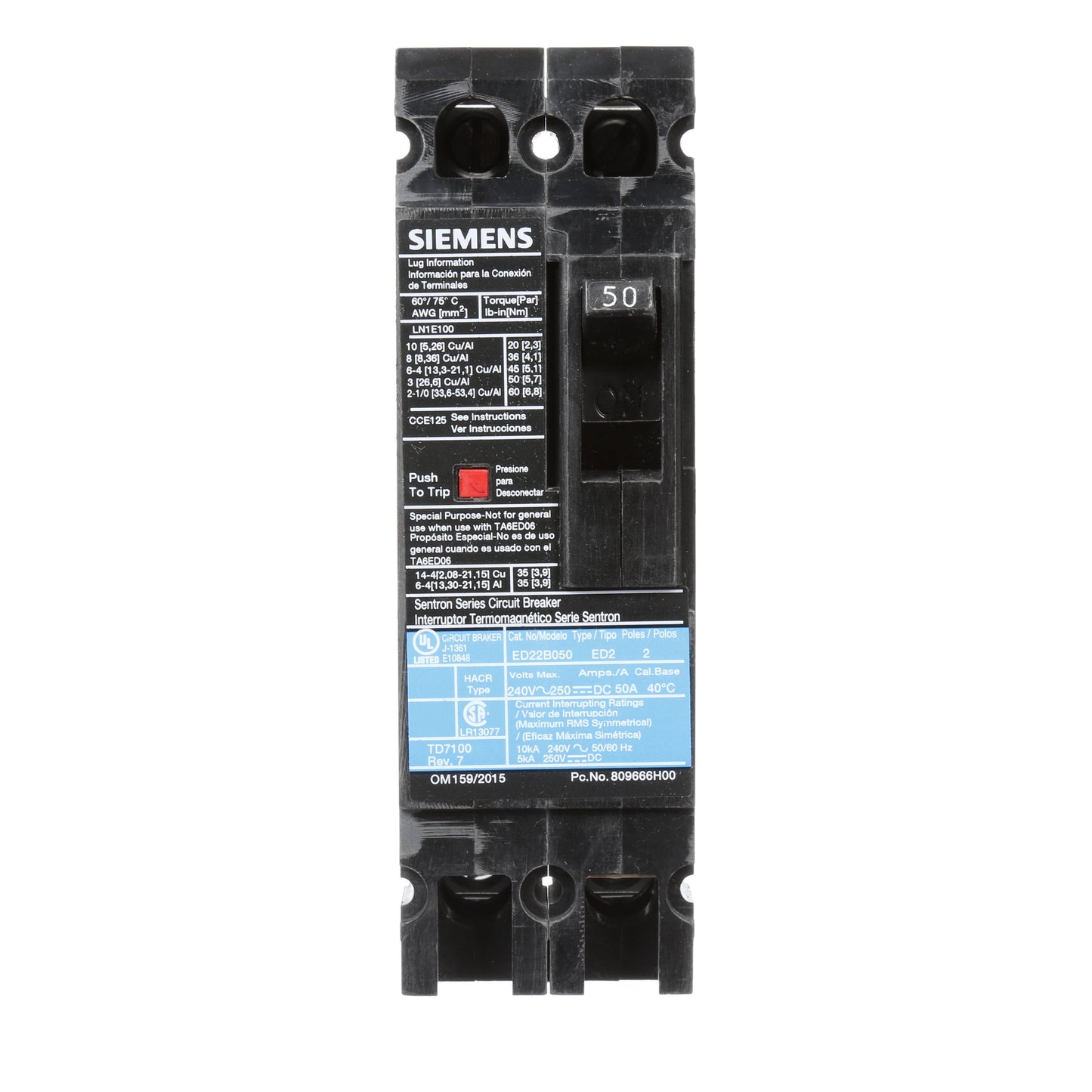 Siemens ED22B050 Circuit Breaker | 240V 50A 2P 10kA@240V Lug In Panelboard Sentron Series