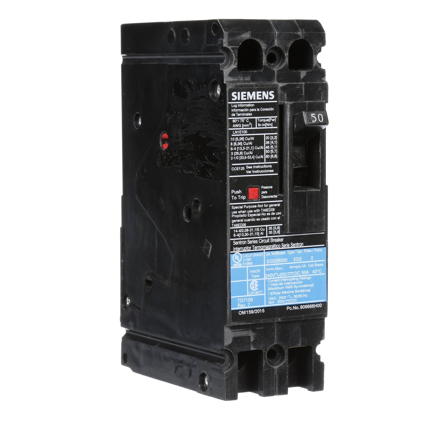 Siemens ED22B050 Circuit Breaker | 240V 50A 2P 10kA@240V Lug In Panelboard Sentron Series