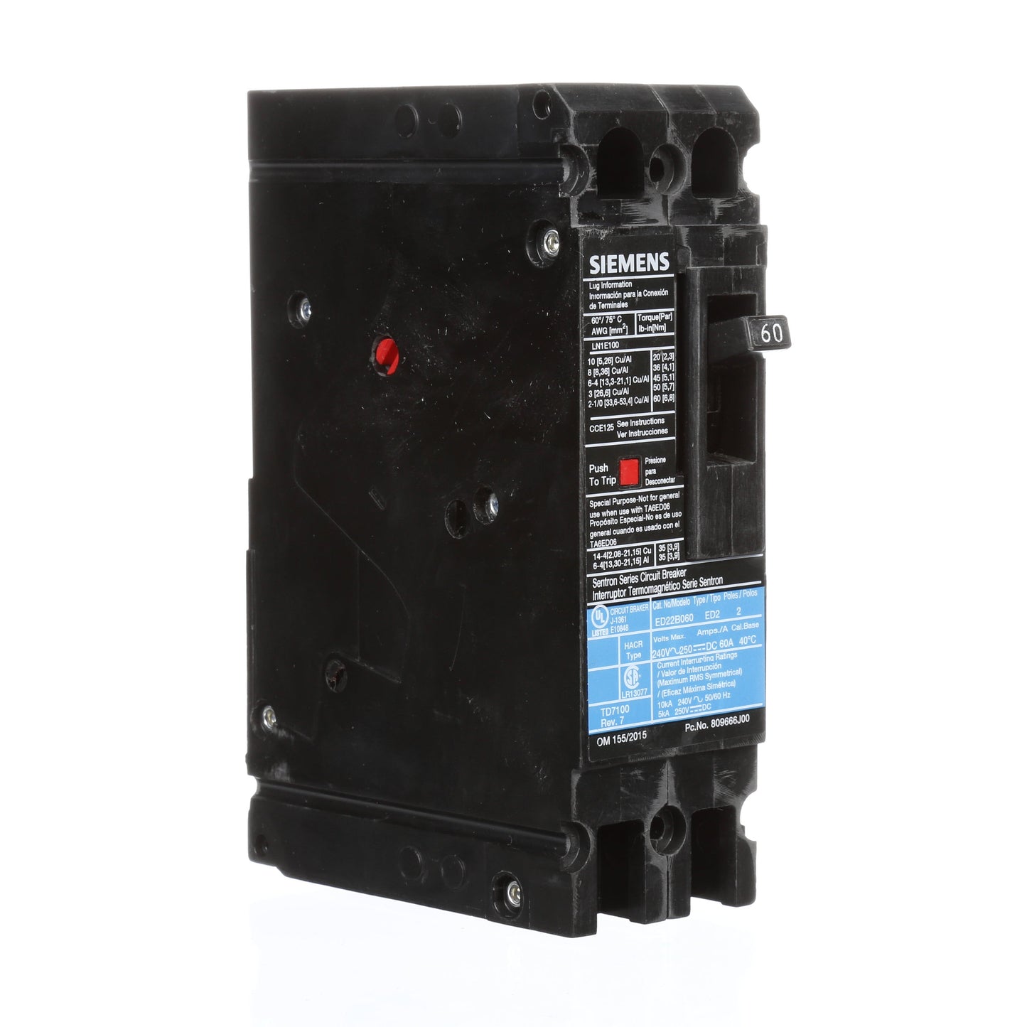 Siemens ED22B060 Circuit Breaker | 240V 60A 2P 10kA@240V Sentron Series