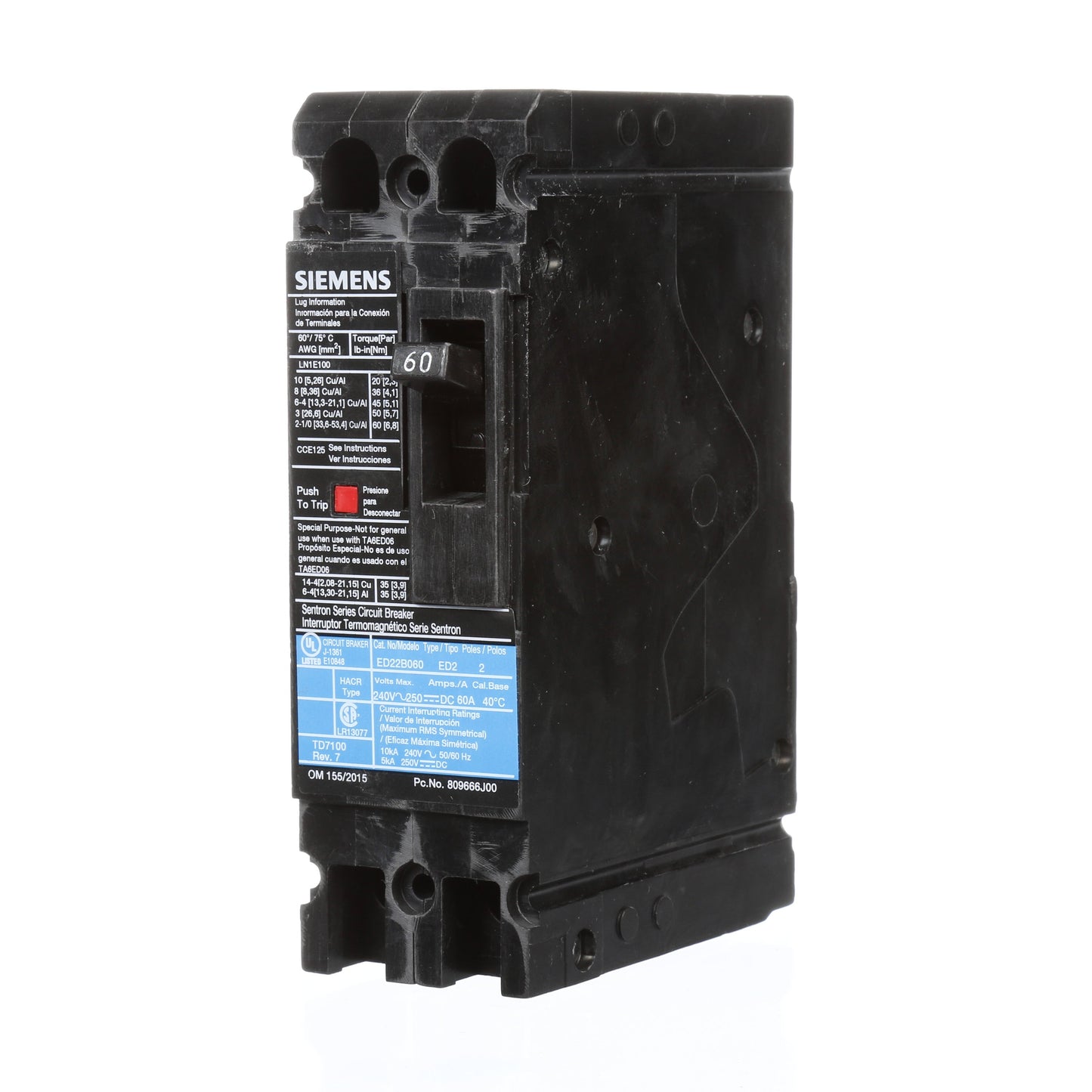 Siemens ED22B060 Circuit Breaker | 240V 60A 2P 10kA@240V Sentron Series