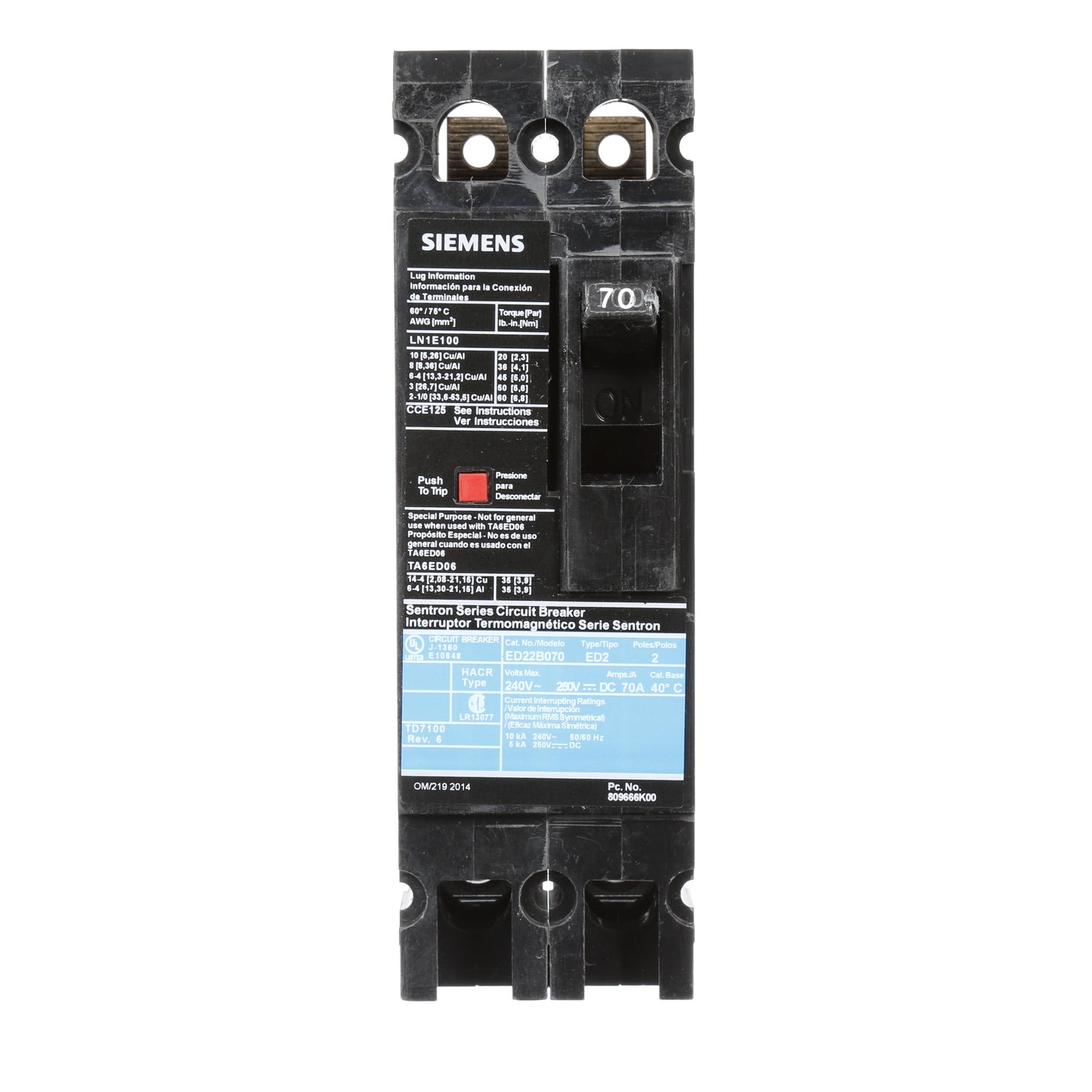 Siemens ED22B070 Circuit Breaker | 240V 70A 2P 10kA@240V Sentron Series