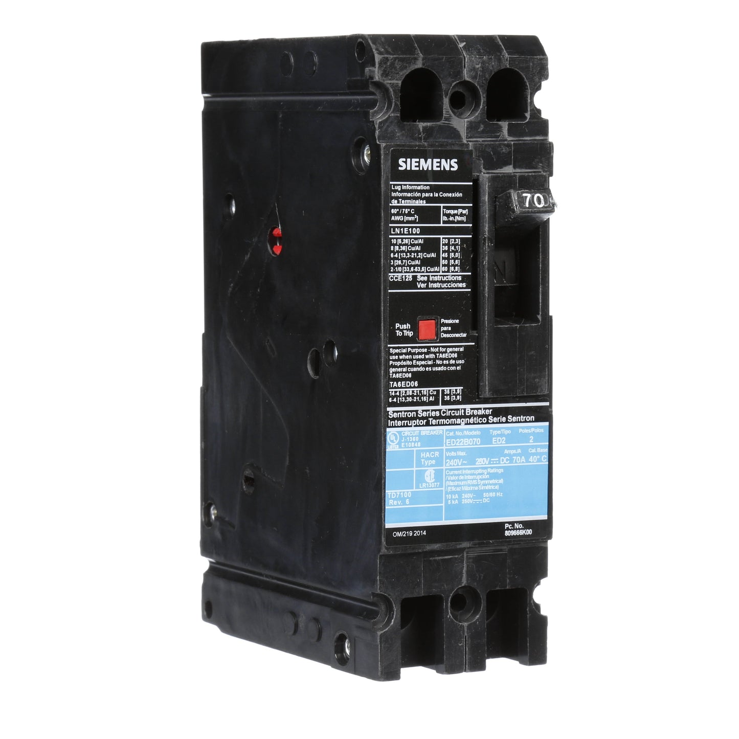 Siemens ED22B070 Circuit Breaker | 240V 70A 2P 10kA@240V Sentron Series