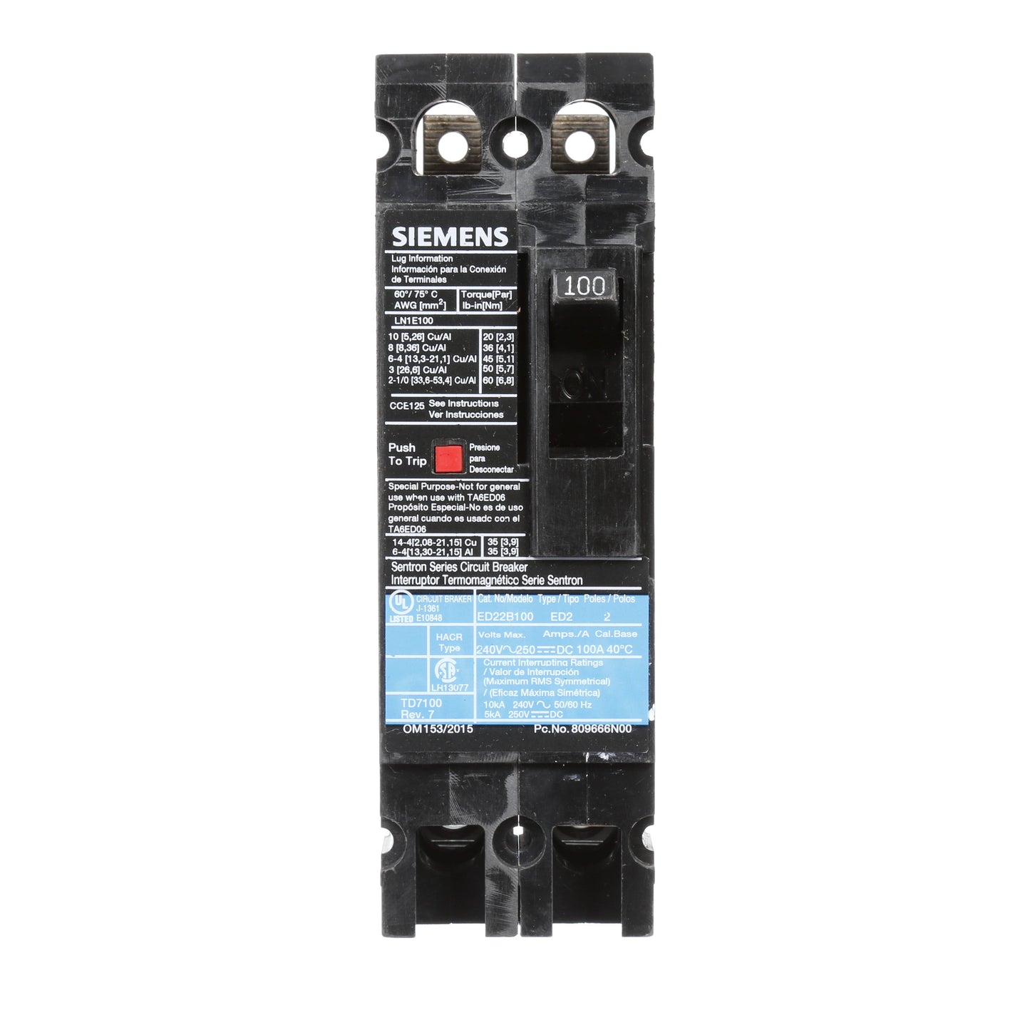 Siemens ED22B100 Circuit Breaker | 240V 100A 2P 10kA@240V Sentron Series