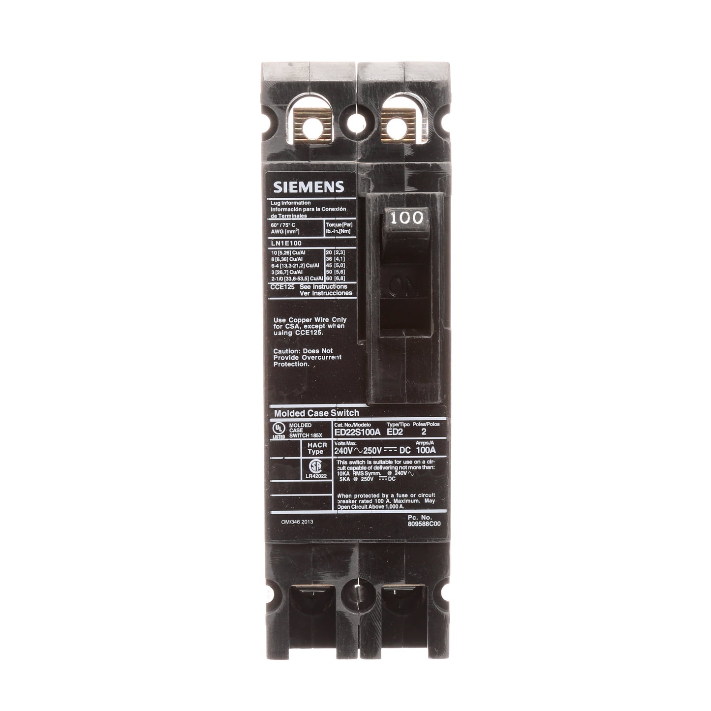 Siemens ED22S100A Circuit Breaker | 240V 100A 2P 10kA@240V Bolt-On Sentron Series