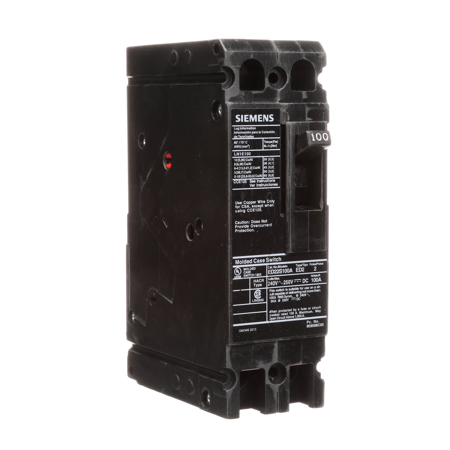 Siemens ED22S100A Circuit Breaker | 240V 100A 2P 10kA@240V Bolt-On Sentron Series