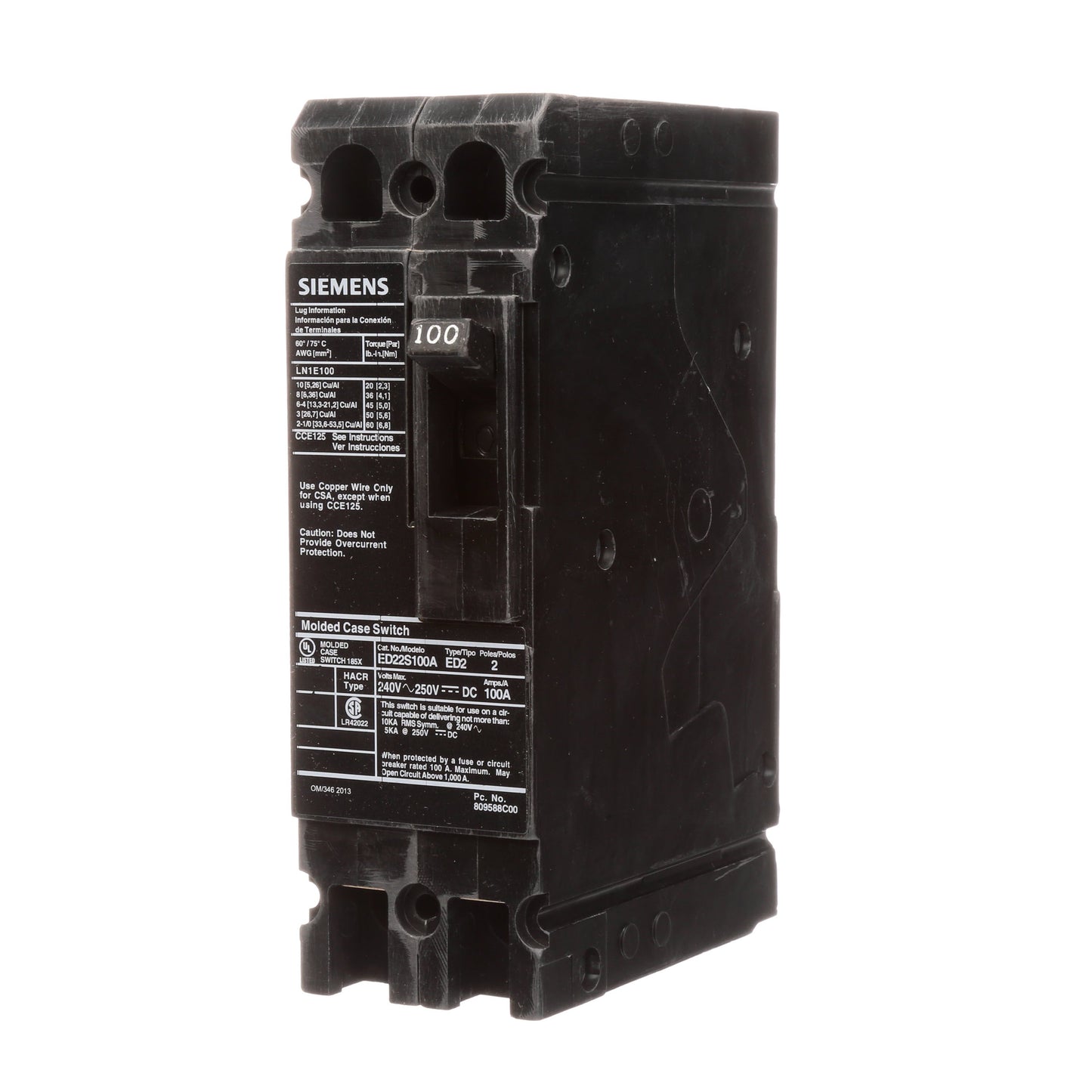 Siemens ED22S100A Circuit Breaker | 240V 100A 2P 10kA@240V Bolt-On Sentron Series