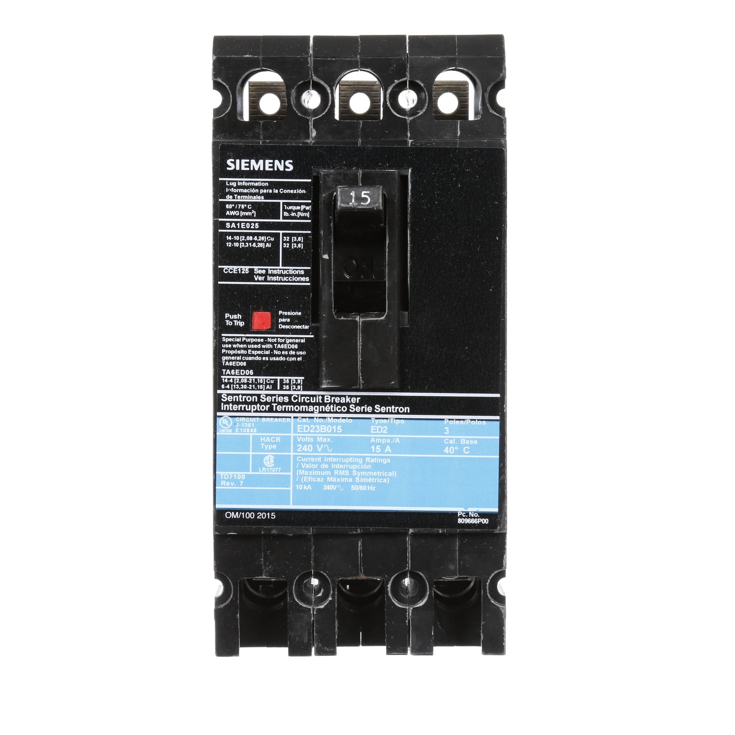 Siemens ED23B015 Circuit Breaker | 240V 15A 3P 10kA@240V Bolt-On Sentron Series