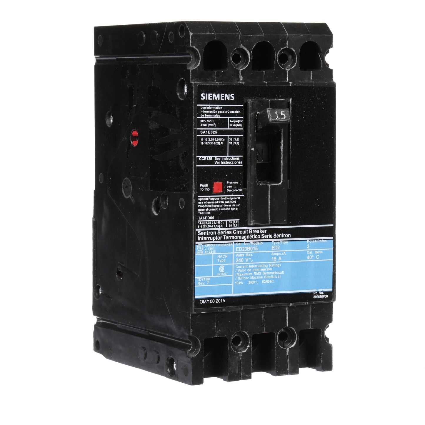 Siemens ED23B015 Circuit Breaker | 240V 15A 3P 10kA@240V Bolt-On Sentron Series