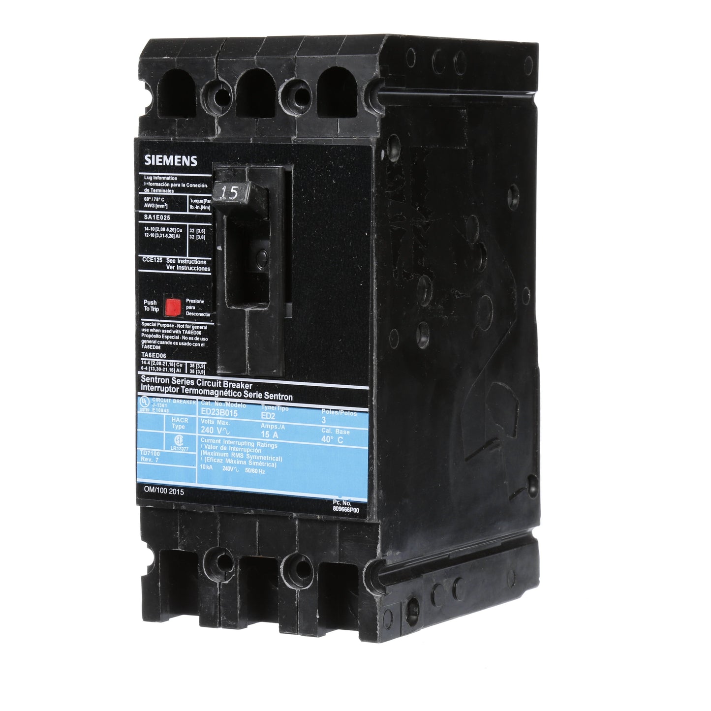 Siemens ED23B015 Circuit Breaker | 240V 15A 3P 10kA@240V Bolt-On Sentron Series
