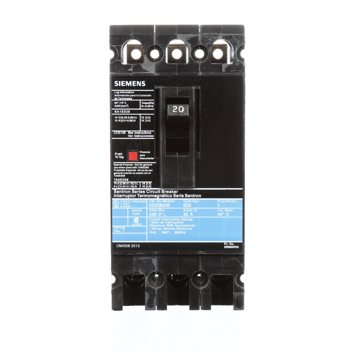 Siemens ED23B020 Circuit Breaker | 240V 20A 3P 10kA@240V Lug In Panelboard Sentron Series