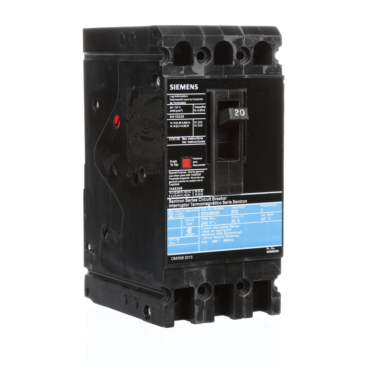 Siemens ED23B020 Circuit Breaker | 240V 20A 3P 10kA@240V Lug In Panelboard Sentron Series