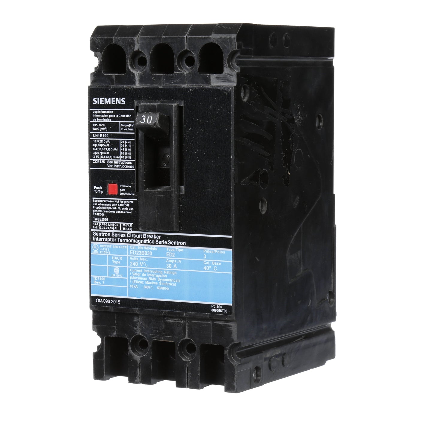 Siemens ED23B030 Circuit Breaker | 240V 30A 3P 10kA@240V Lug In Panelboard Sentron Series