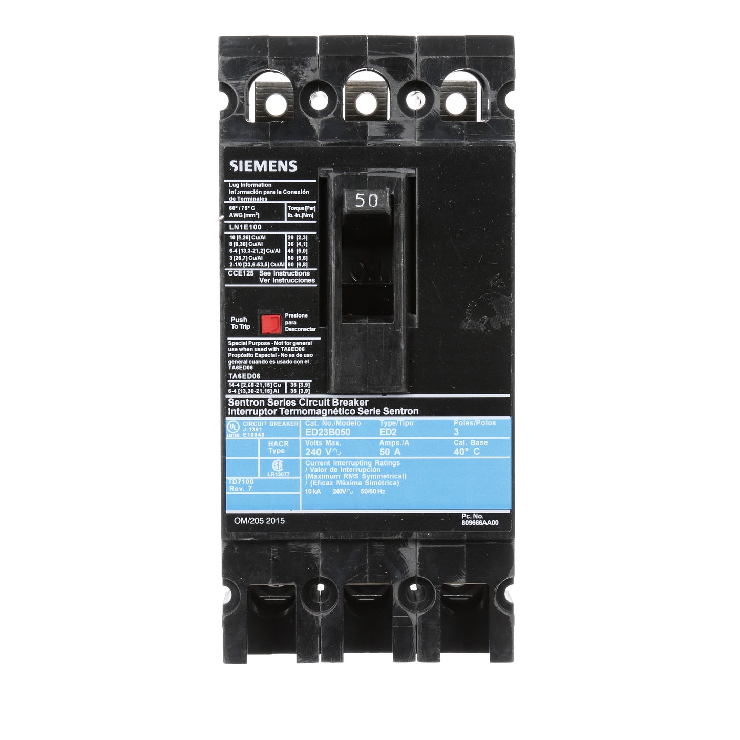 Siemens ED23B050 Circuit Breaker | 240V 50A 3P 10kA@240V Lug In Panelboard Sentron Series