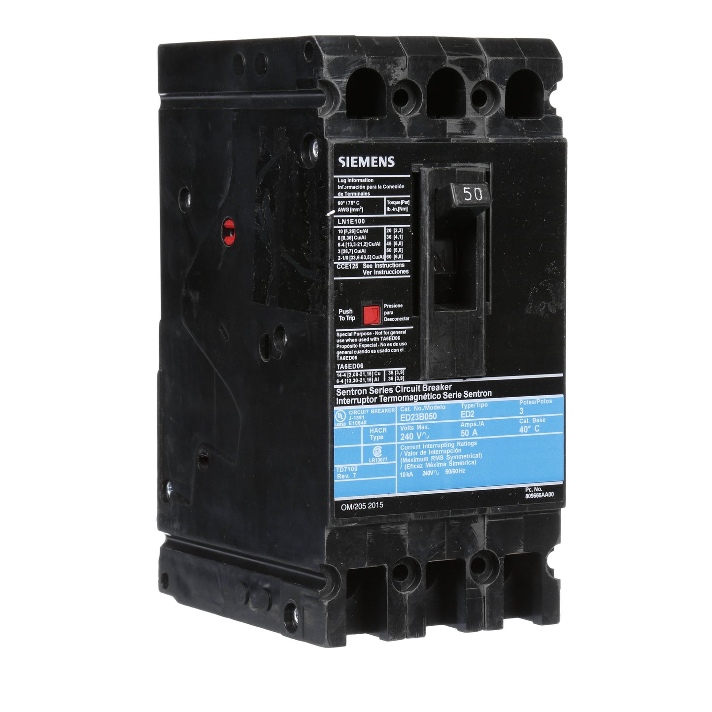 Siemens ED23B050 Circuit Breaker | 240V 50A 3P 10kA@240V Lug In Panelboard Sentron Series