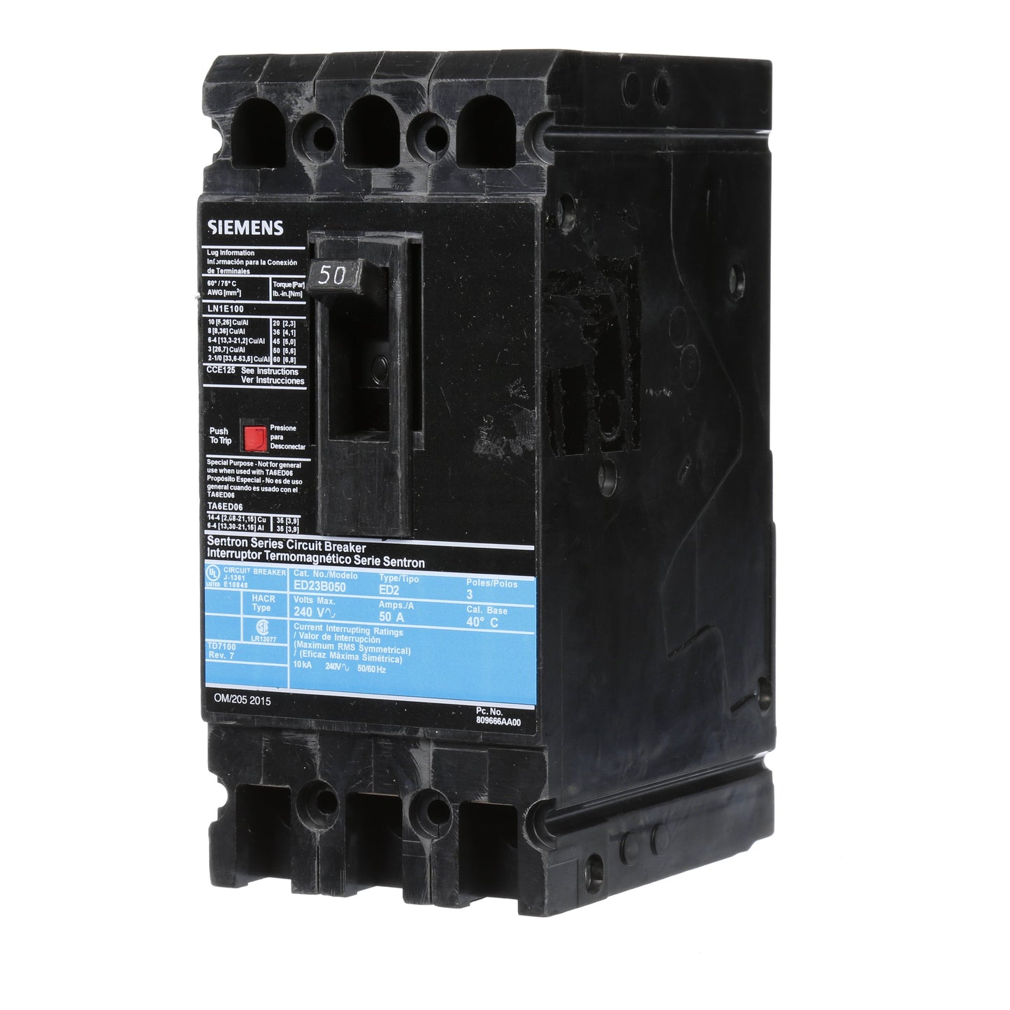 Siemens ED23B050 Circuit Breaker | 240V 50A 3P 10kA@240V Lug In Panelboard Sentron Series