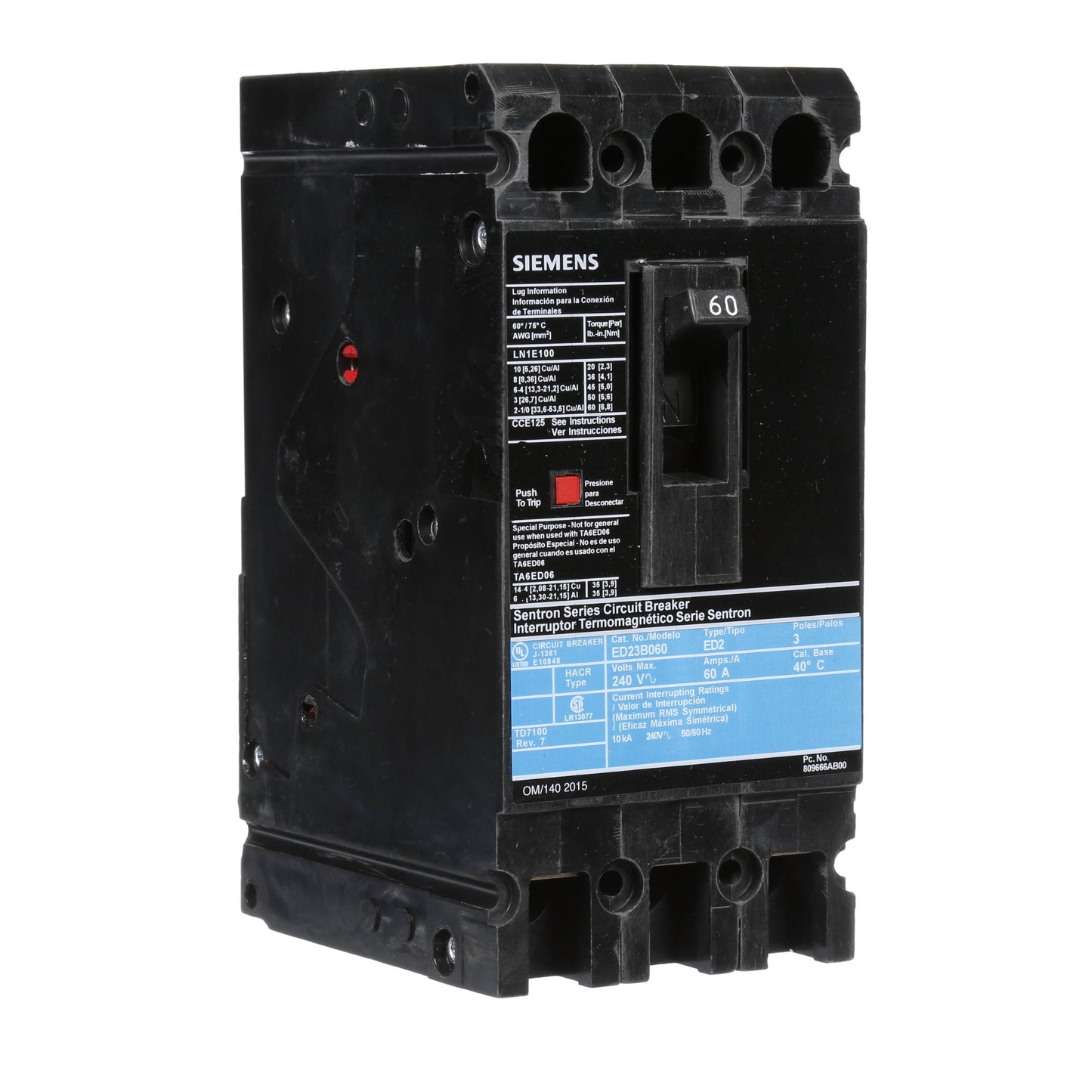 Siemens ED23B060 Circuit Breaker | 240V 60A 3P 10kA@240V Sentron Series