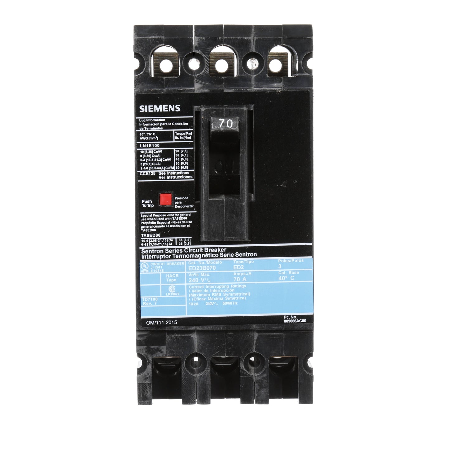 Siemens ED23B070 Circuit Breaker | 240V 70A 3P 10kA@240V Lug In Panelboard Sentron Series