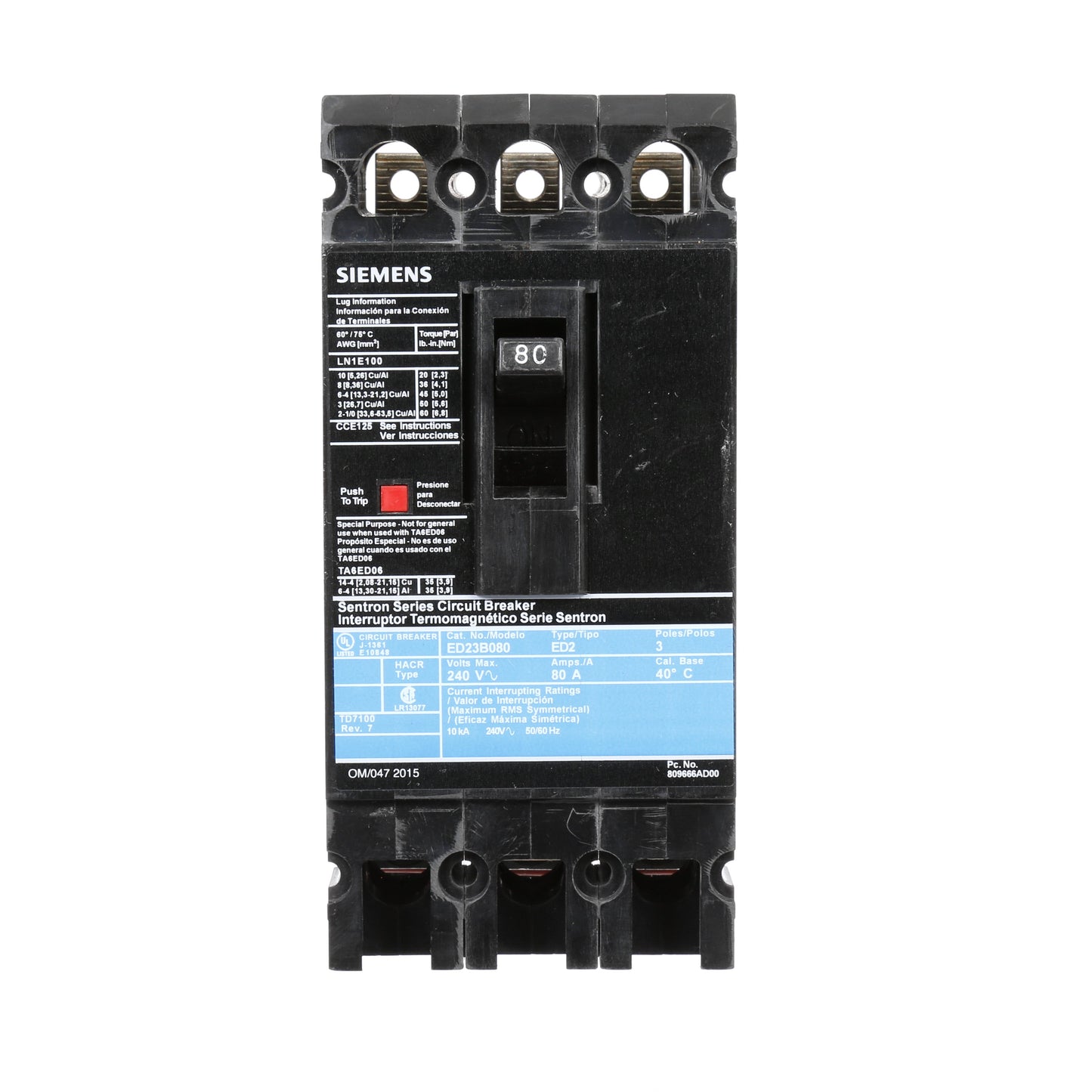 Siemens ED23B080 Circuit Breaker | 240V 80A 3P 10kA@240V Lug In Panelboard Sentron Series